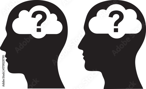 Two heads silhouette with question marks silhouette