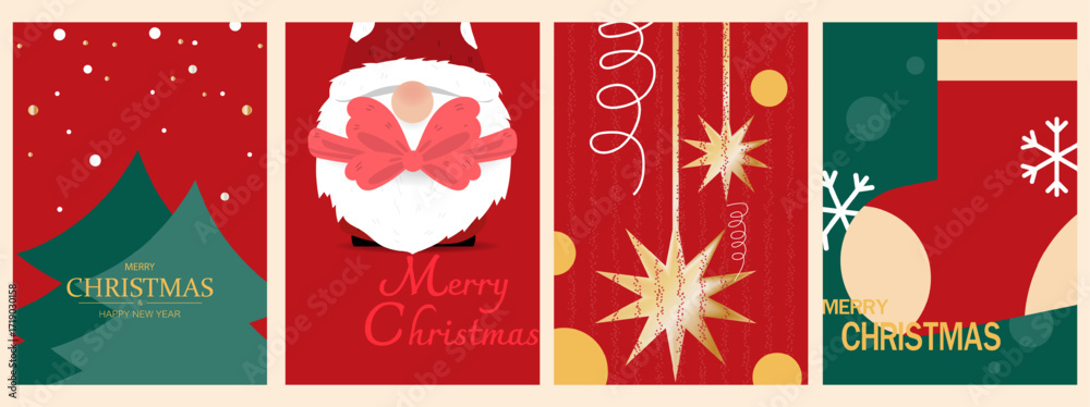 Naklejka premium Set of Christmas greeting card decorated with Christmas tree, Santa, Star, Sock and Decorations. Cartoon style. Vector illustration.