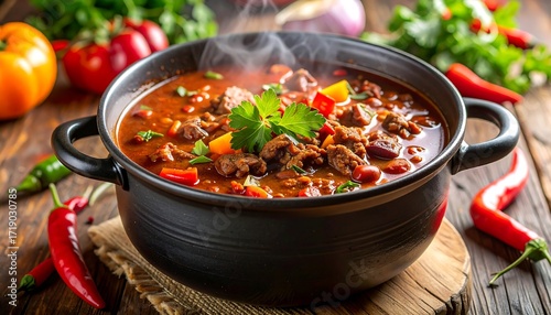 Hearty stew steaming in a pot