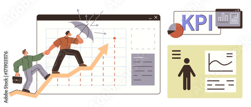 Two professionals collaborating on financial growth tracking while navigating obstacles, charts, and performance data. Ideal for teamwork, business growth, data analytics, goal setting, leadership