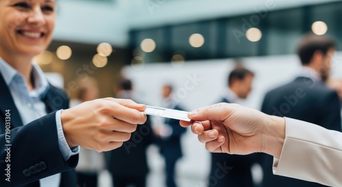 Businesspeople exchanging business card smiling blurred background.
