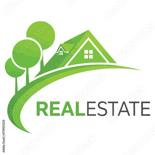 Green abstract houses and trees with real estate text home property