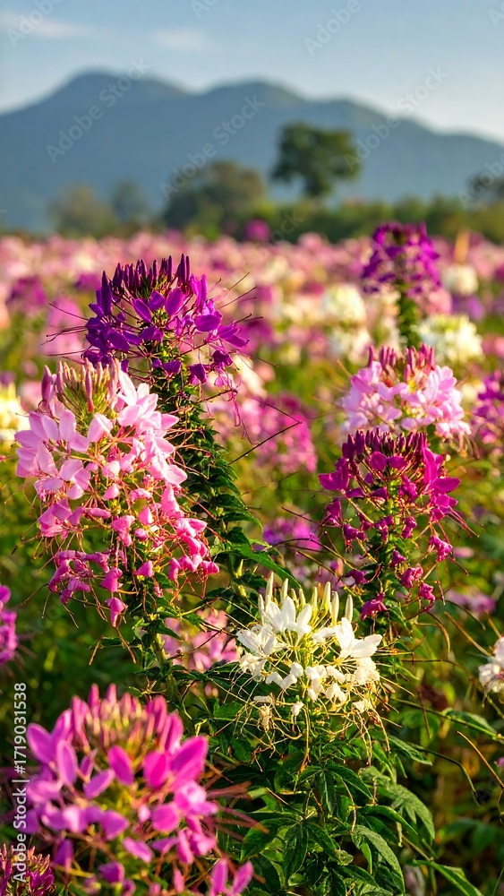 Naklejka premium Vibrant flower field with mountains