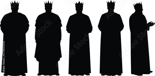 Silhouettes of a king or royal figure in various poses, representing monarchy, power, royalty, and historical authority.