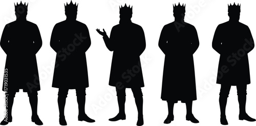 Silhouettes of a king or royal figure in various poses, representing monarchy, power, royalty, and historical authority.