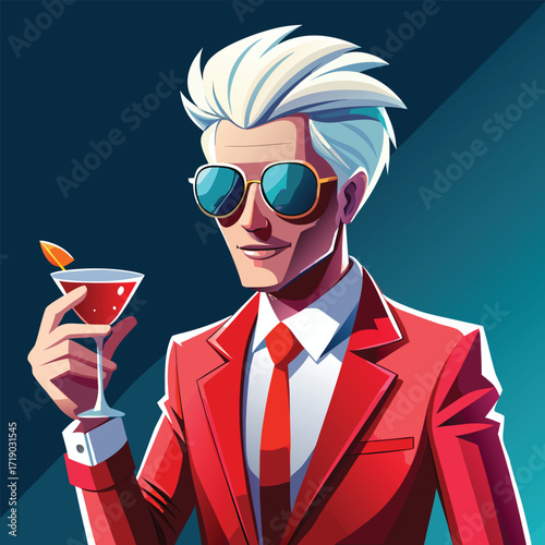 Stylish man in red suit and sunglasses holds a cocktail with orange garnish