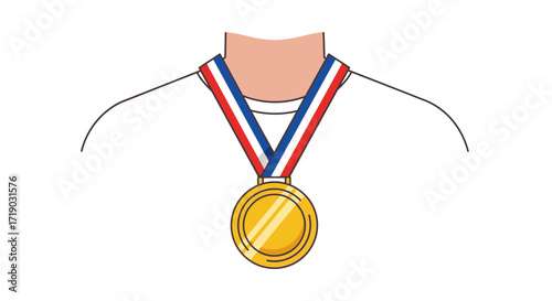 Illustration of a gold medal with a red, white, and blue ribbon, awarded to a person after winning a competition, a symbol of achievement and success