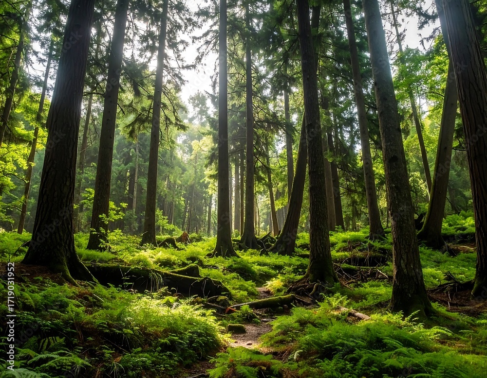 Fototapeta premium Lush forest floor bathed in sunlight