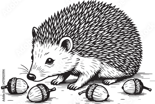 A cute hedgehog surrounded by five acorns, rendered in a detailed black and white line art style. Emphasizing nature's charm.