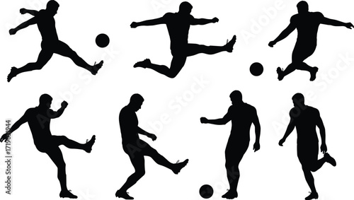 Silhouettes of a soccer player in various poses, showcasing action, sport, and athletic skill with a ball.