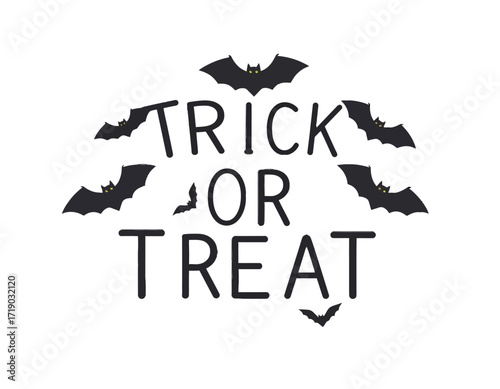 "Trick or Treat" text graphic with bat silhouettes above and below the words.