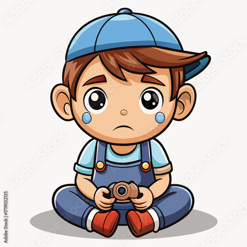 Sad cartoon boy wearing blue overalls and cap holding a toy camera