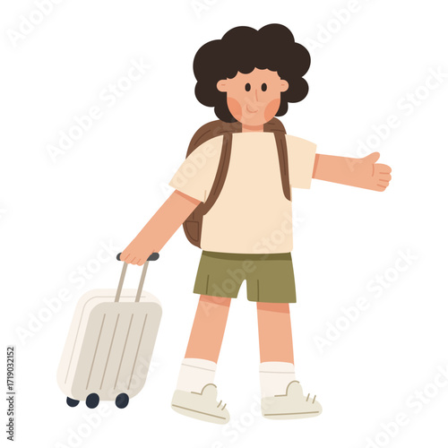 Vector cartoon illustration of cute child with travel suitcase. Kid travel, holiday, and vacation concept.