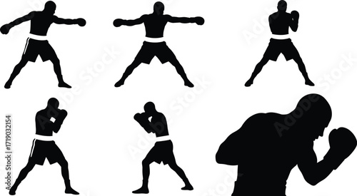 Silhouettes of a boxer in various fighting stances, representing strength, combat sports, and dynamic athletic training.