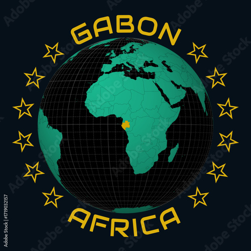 Gabon on Globe. Round country and continent name text. Country view on world map in Black Emerald color palette. Gabon shape on map. Vibrant vector illustration.