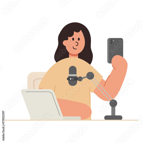 Vector cartoon illustration of woman live streaming with a smartphone. Online content creation, social media, and digital lifestyle concept.
