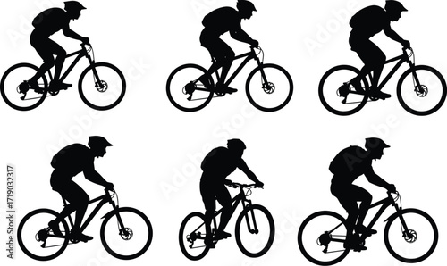 Silhouettes of mountain bikers in different positions, representing outdoor adventure, sport, and healthy lifestyle activities.