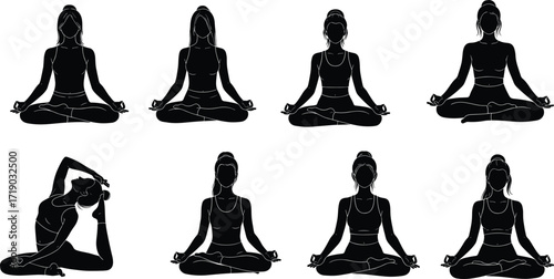 Set of black silhouettes showing peaceful women practicing meditation and yoga in various seated and calming poses.