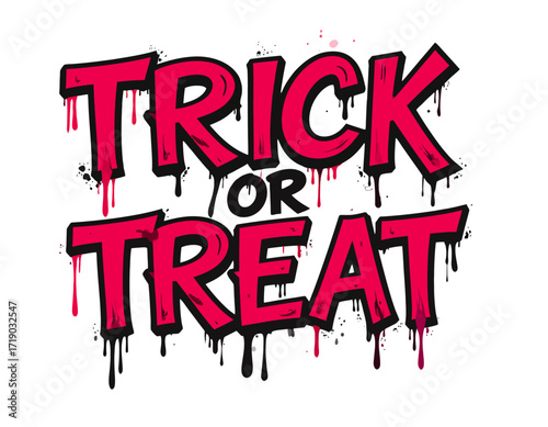 Bold "Trick or Treat" lettering with dripping paint effect, Halloween theme.