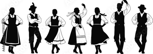Silhouettes of male and female dancers in traditional German and Austrian folk costumes, showcasing a cultural festival dance.