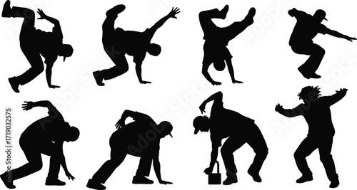 Dynamic black silhouettes of hip hop dancers, breakdancers, and b-boys performing various street dance poses and movements.