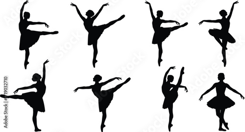 Graceful black silhouettes of female ballerinas dancing on pointes in various elegant and classic ballet poses.