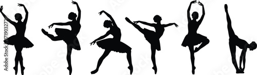 Graceful black silhouettes of female ballerinas dancing on pointes in various elegant and classic ballet poses.