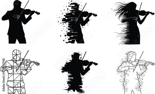 Creative silhouettes of a violinist in various dynamic and abstract styles, perfect for music and art projects.