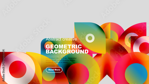 Bright geometric shapes overlap black background. Text promotes creative design, includes read more button. Vivid colors dominate composition.