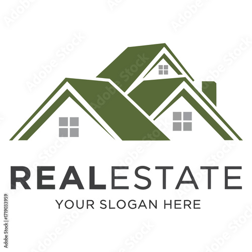 Green roof houses with windows and real estate text home