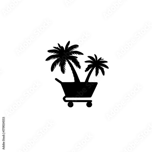 Shopping cart containing a small coconut palm tree vector design for travel and tropical themes
