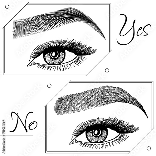 Illustration with woman's eyes, eyelashes and eyebrows. Makeup Look. Tattoo design. Logo for brow bar or lash salon. Wrong and right coloring care. Set of well-groomed and shaggy eyebrows.