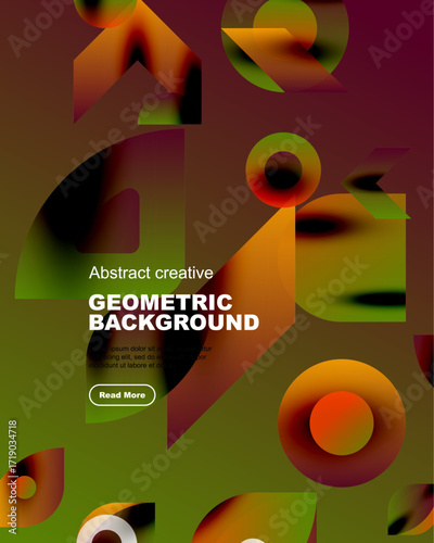 Abstract geometric design features vibrant overlapping shapes. Dark background contrasts bright colors, creating dynamic visual effect.