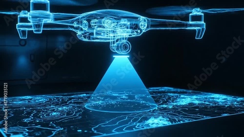 Futuristic drone scans glowing digital map with advanced technology