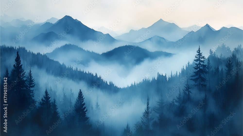 Obraz premium calm mountain landscape in soft pastel watercolor, layers fading into mist