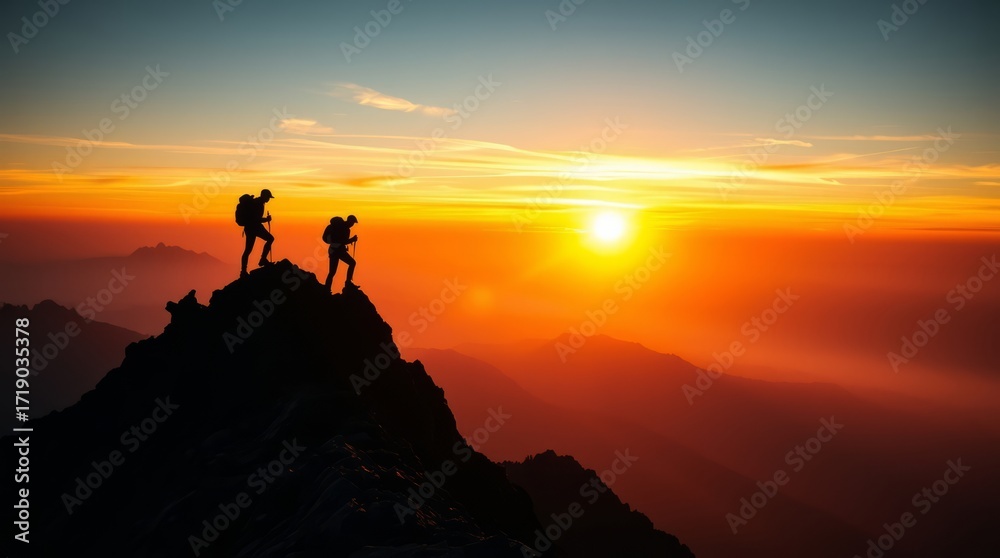 Fototapeta premium Reaching New Heights at Sunset: Silhouetted against a blazing sunset, two intrepid hikers stand atop a mountain peak.
