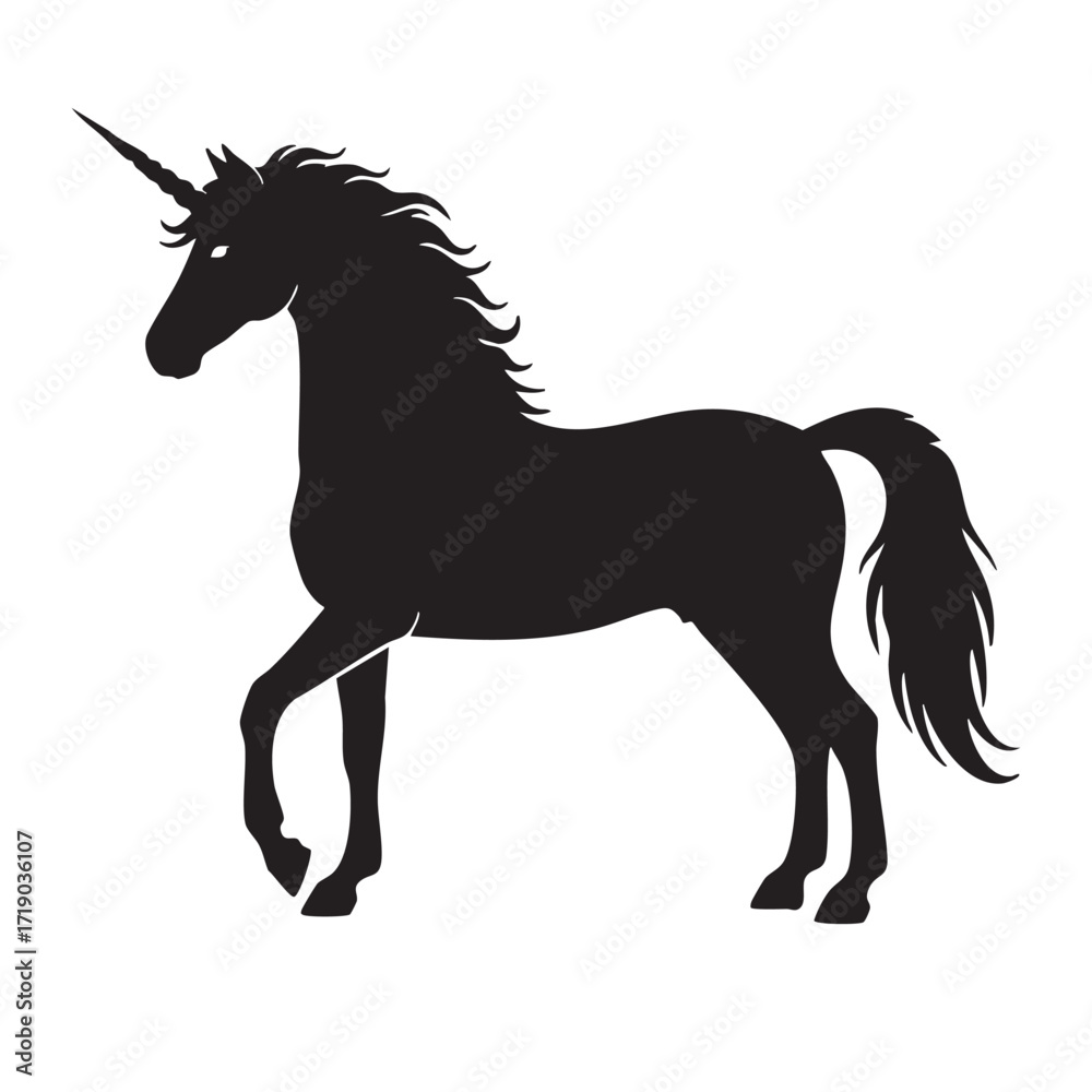 Fototapeta premium Black stallion vector silhouette illustration of a running wild mustang with a flowing mane and tail isolated on white for equestrian art