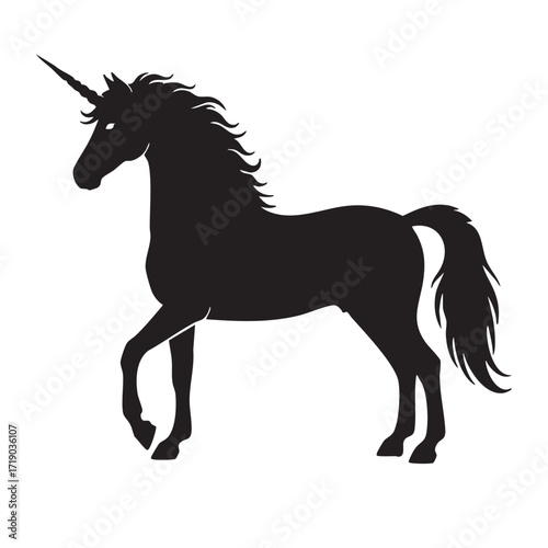 Black stallion vector silhouette illustration of a running wild mustang with a flowing mane and tail isolated on white for equestrian art