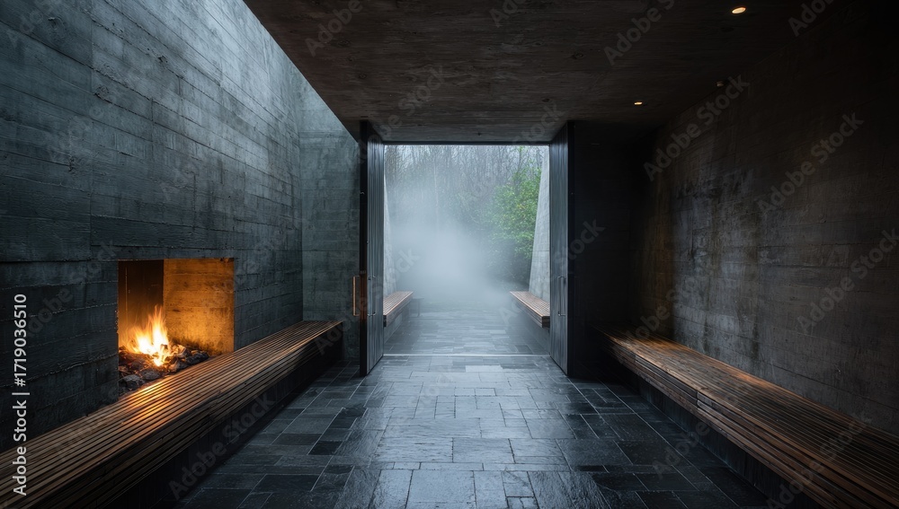 Fototapeta premium Modern concrete hallway with fireplace and misty view