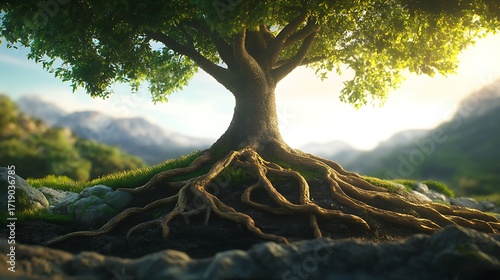 A tree with roots that crawl and relocate themselves slowly over time.