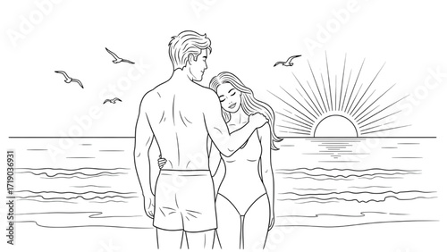 Black Line Drawing of Man and Woman at Beach – Minimalist Vector Illustration