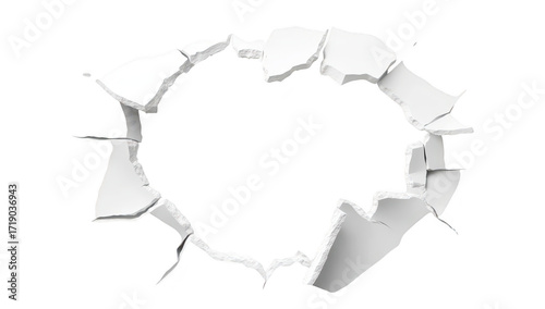 A cracked wall with a jagged hole revealing a white background. symbolizing damage or decay. suitable for concepts of destruction. renovation. or artistic expression