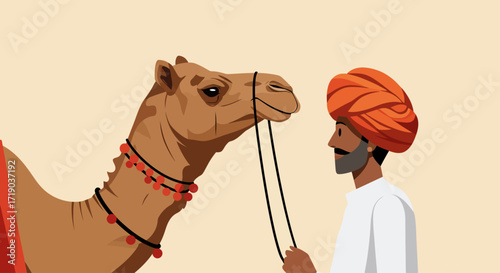 This flat design illustration captures a heartwarming interaction between a traditional Rajasthani man in his turban and a camel, symbolizing the deep connection at the Pushkar Camel Fair. 