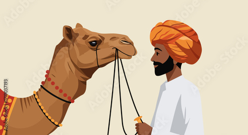 This flat design illustration captures a heartwarming interaction between a traditional Rajasthani man in his turban and a camel, symbolizing the deep connection at the Pushkar Camel Fair. 
