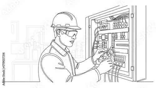 Continuous Black Line Drawing of Electrician at Work – Minimalist Vector Illustration