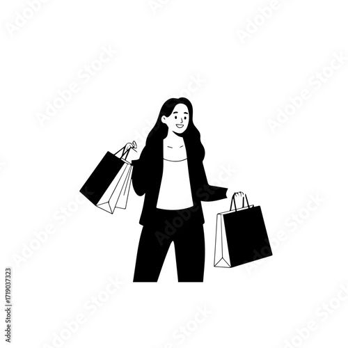 Black and white line art of a beautiful happy woman carrying shopping bags minimalist cheerful illustration