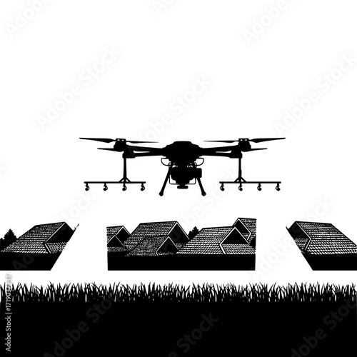 Quadrotor drone spraying agricultural field with pesticides or fertilizer in silhouette isolated on transparent background