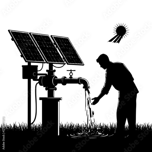 Farmer in silhouette operating a solar powered water pump with water flowing isolated on transparent background