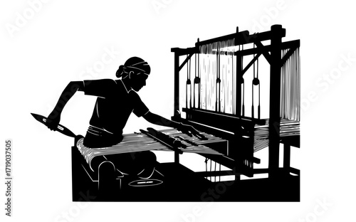 Silhouette of a person operating a traditional wooden loom creating fabric isolated on transparent background