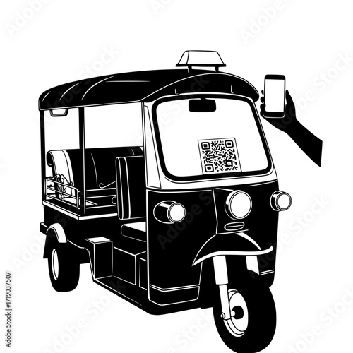 Silhouette of a tuk tuk auto rickshaw with a hand holding a smartphone showing a qr code isolated on transparent background